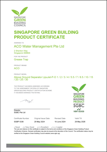 Singapore Green Building Product Certificate for Below Ground Separator